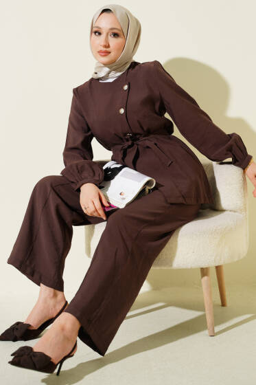 Çapraz Düğmeli Kuşaklı Modal İkili Takım Kahve - İkili Takım