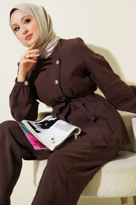 Çapraz Düğmeli Kuşaklı Modal İkili Takım Kahve - İkili Takım