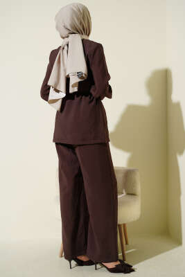 Çapraz Düğmeli Kuşaklı Modal İkili Takım Kahve - İkili Takım