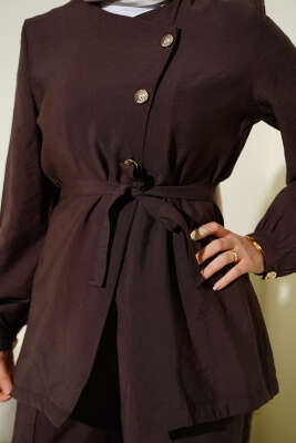 Çapraz Düğmeli Kuşaklı Modal İkili Takım Kahve - İkili Takım