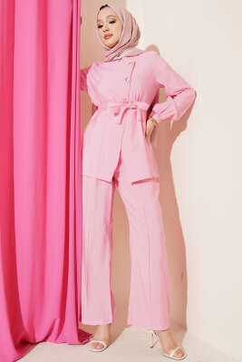 Çapraz Düğmeli Kuşaklı Modal İkili Takım Pembe - ASME