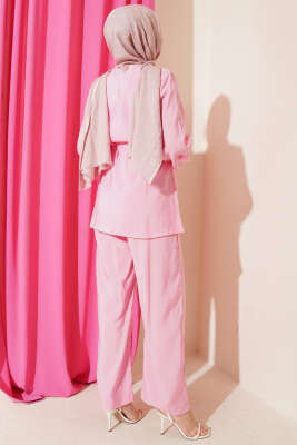 Çapraz Düğmeli Kuşaklı Modal İkili Takım Pembe - İkili Takım