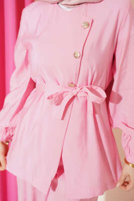 Çapraz Düğmeli Kuşaklı Modal İkili Takım Pembe - İkili Takım