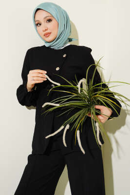 Çapraz Düğmeli Kuşaklı Modal İkili Takım Siyah 