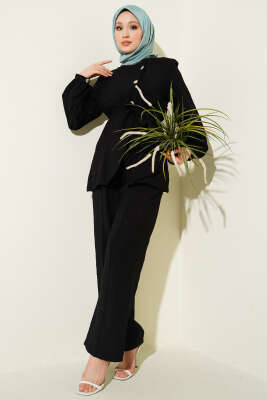 Çapraz Düğmeli Kuşaklı Modal İkili Takım Siyah - İkili Takım