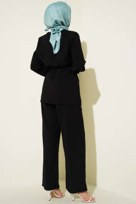 Çapraz Düğmeli Kuşaklı Modal İkili Takım Siyah - İkili Takım