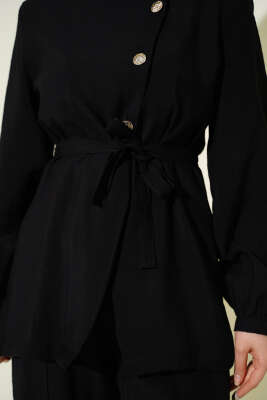 Çapraz Düğmeli Kuşaklı Modal İkili Takım Siyah - İkili Takım