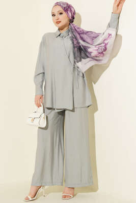 Çapraz Düğmeli Yan Bağcıklı İkili Takım Gri - BIGDART