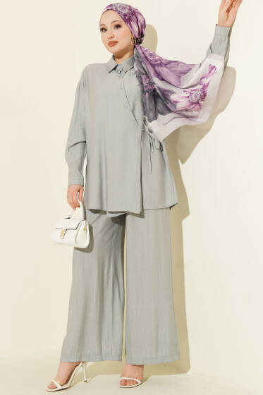 Çapraz Düğmeli Yan Bağcıklı İkili Takım Gri - İkili Takım