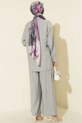 Çapraz Düğmeli Yan Bağcıklı İkili Takım Gri - İkili Takım