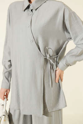 Çapraz Düğmeli Yan Bağcıklı İkili Takım Gri - İkili Takım