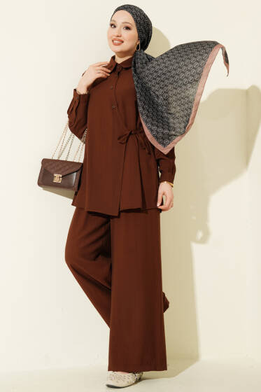 Çapraz Düğmeli Yan Bağcıklı İkili Takım Kahve - İkili Takım