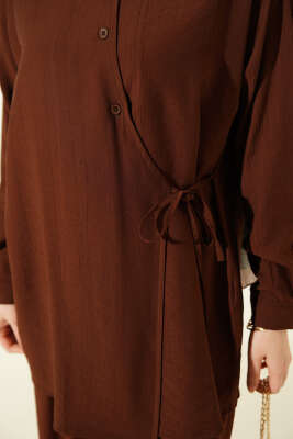 Çapraz Düğmeli Yan Bağcıklı İkili Takım Kahve - İkili Takım