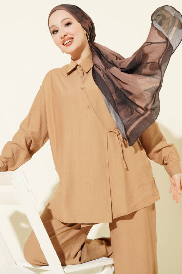 Çapraz Düğmeli Yan Bağcıklı İkili Takım Latte - İkili Takım