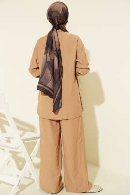 Çapraz Düğmeli Yan Bağcıklı İkili Takım Latte - İkili Takım