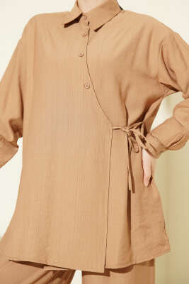 Çapraz Düğmeli Yan Bağcıklı İkili Takım Latte - İkili Takım