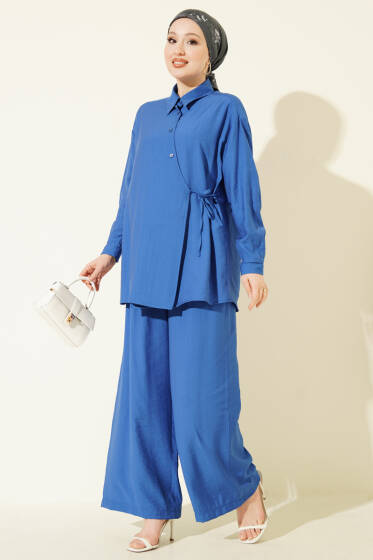 Çapraz Düğmeli Yan Bağcıklı İkili Takım Saks - İkili Takım