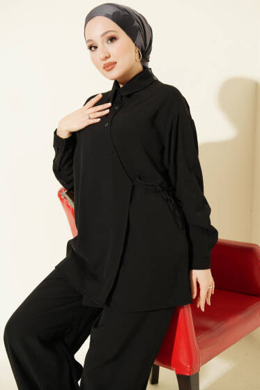 Çapraz Düğmeli Yan Bağcıklı İkili Takım Siyah - İkili Takım