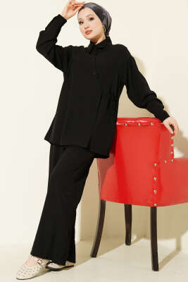 Çapraz Düğmeli Yan Bağcıklı İkili Takım Siyah - İkili Takım