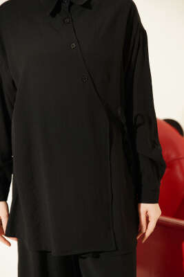 Çapraz Düğmeli Yan Bağcıklı İkili Takım Siyah - İkili Takım