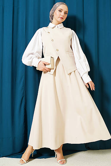 Çapraz Düğmeli Yelekli Etekli Takım Bej - İkili Takım