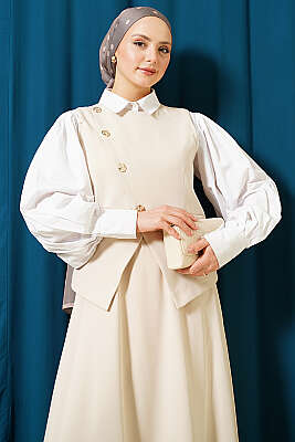 Çapraz Düğmeli Yelekli Etekli Takım Bej - İkili Takım