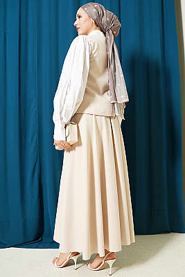 Çapraz Düğmeli Yelekli Etekli Takım Bej - İkili Takım