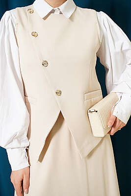 Çapraz Düğmeli Yelekli Etekli Takım Bej - İkili Takım