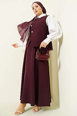 Çapraz Düğmeli Yelekli Etekli Takım Burgonya - DUFON