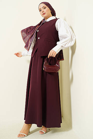 Çapraz Düğmeli Yelekli Etekli Takım Burgonya - İkili Takım
