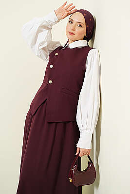 Çapraz Düğmeli Yelekli Etekli Takım Burgonya - İkili Takım