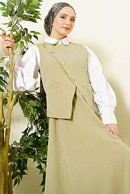 Çapraz Düğmeli Yelekli Etekli Takım Çağla Yeşili - DUFON