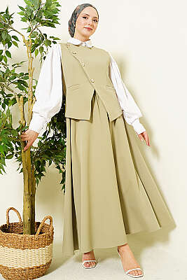 Çapraz Düğmeli Yelekli Etekli Takım Çağla Yeşili - İkili Takım