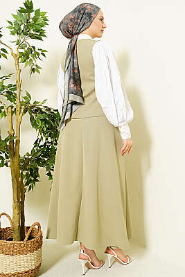 Çapraz Düğmeli Yelekli Etekli Takım Çağla Yeşili - İkili Takım