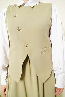 Çapraz Düğmeli Yelekli Etekli Takım Çağla Yeşili - İkili Takım