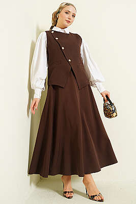 Çapraz Düğmeli Yelekli Etekli Takım Kahve - DUFON