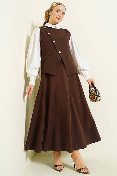Çapraz Düğmeli Yelekli Etekli Takım Kahve - İkili Takım