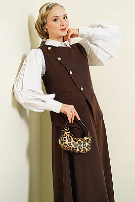 Çapraz Düğmeli Yelekli Etekli Takım Kahve - İkili Takım