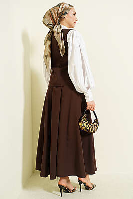 Çapraz Düğmeli Yelekli Etekli Takım Kahve - İkili Takım