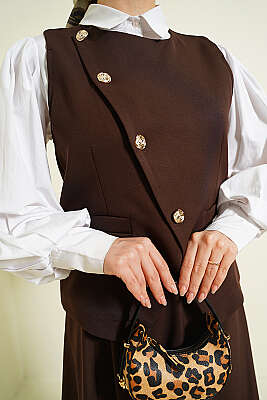 Çapraz Düğmeli Yelekli Etekli Takım Kahve - İkili Takım