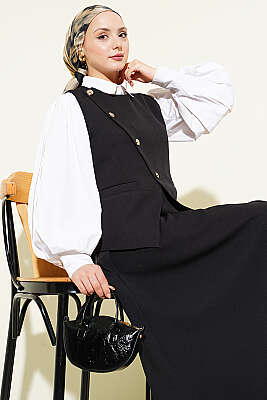 Çapraz Düğmeli Yelekli Etekli Takım Siyah - DUFON