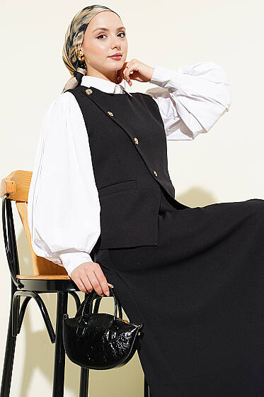 Çapraz Düğmeli Yelekli Etekli Takım Siyah - İkili Takım