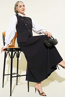 Çapraz Düğmeli Yelekli Etekli Takım Siyah - İkili Takım