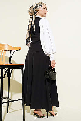 Çapraz Düğmeli Yelekli Etekli Takım Siyah - İkili Takım