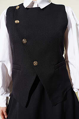 Çapraz Düğmeli Yelekli Etekli Takım Siyah - İkili Takım