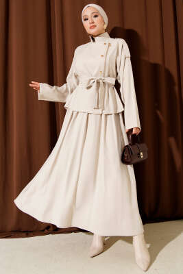 Çapraz Fermuarlı Etekli Tensel İkili Takım Bej - HEWES