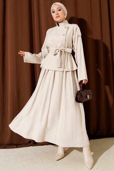 Çapraz Fermuarlı Etekli Tensel İkili Takım Bej - İkili Takım