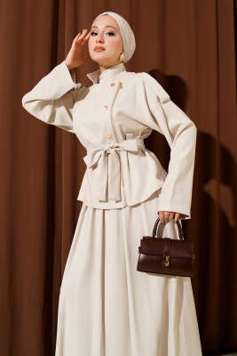 Çapraz Fermuarlı Etekli Tensel İkili Takım Bej - İkili Takım