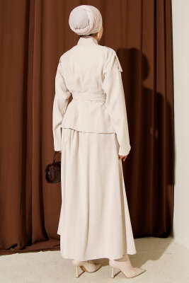 Çapraz Fermuarlı Etekli Tensel İkili Takım Bej - İkili Takım