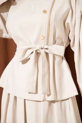 Çapraz Fermuarlı Etekli Tensel İkili Takım Bej - İkili Takım